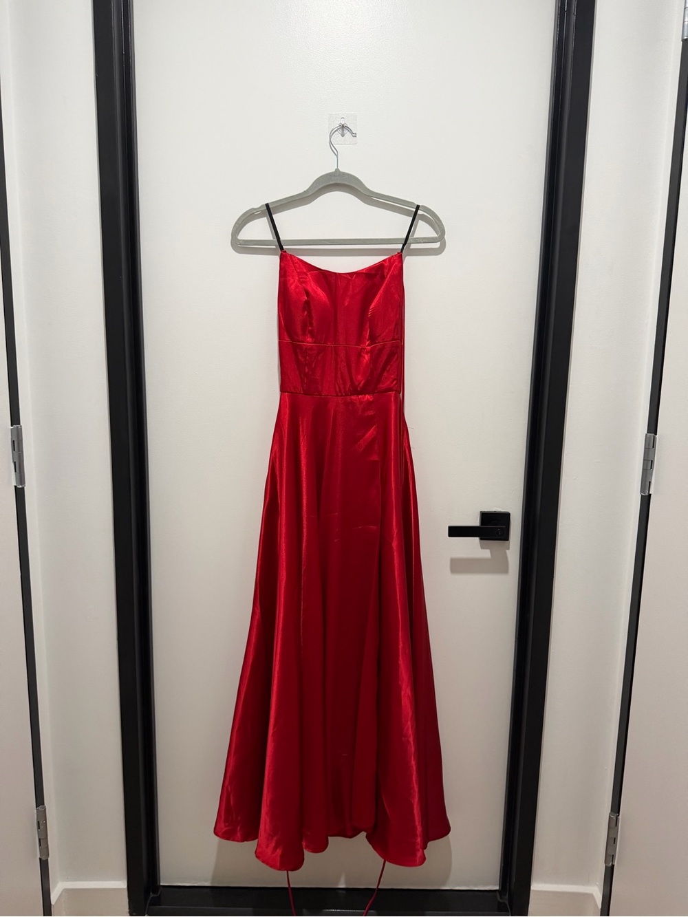 Betsy & Adam Red Satin Spaghetti-Strap Evening Gown